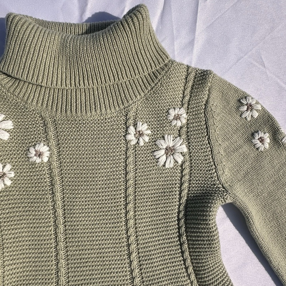 Cupcakes and Cashmere Kids Sage Green Daisy Embroidered Turtleneck Sweater Dress - Picture 7 of 9